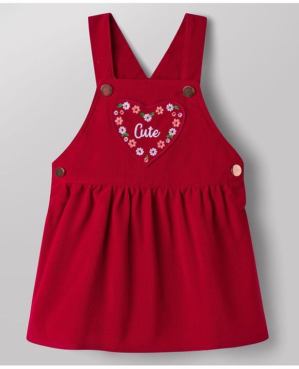 Babyhug Corduroy Woven Half Sleeves T-Shirt & Frock with Floral Print &  Heart Patch - Red
