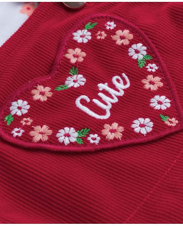 Babyhug Corduroy Woven Half Sleeves T-Shirt & Frock with Floral Print &  Heart Patch - Red