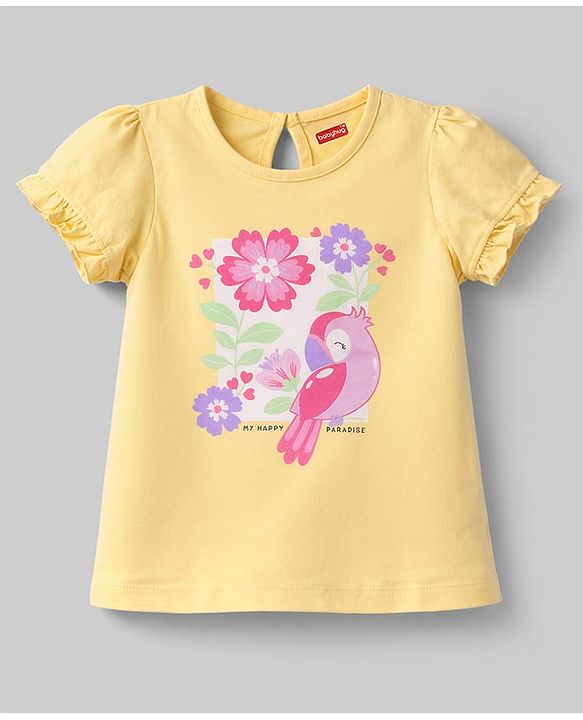 Babyhug Cotton Knit Half Sleeves T-Shirt With Floral & Bird Print - Multicolor