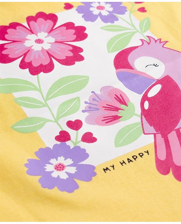 Babyhug Cotton Knit Half Sleeves T-Shirt With Floral & Bird Print - Multicolor