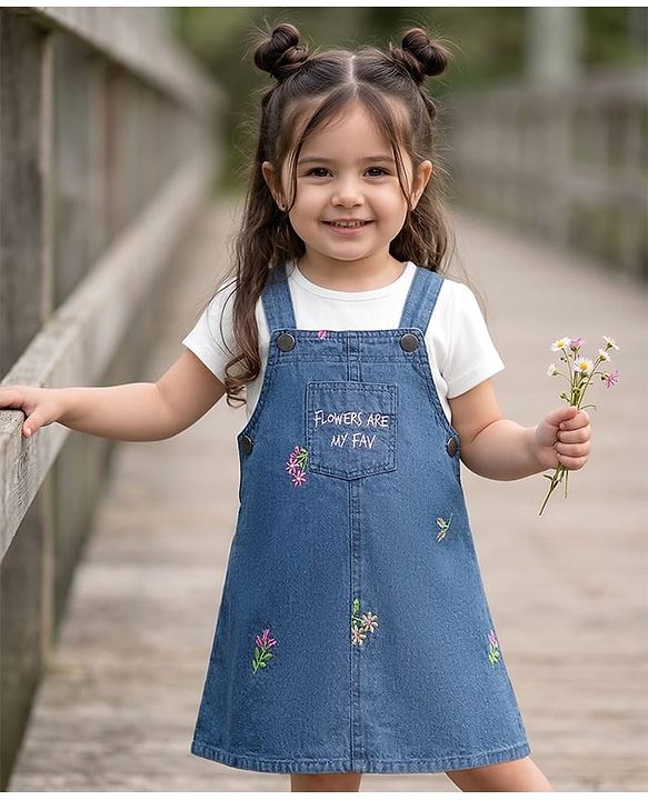 Babyhug 100% Cotton Woven Half Sleeves Floral Embroidered Frock With Inner Tee - Blue