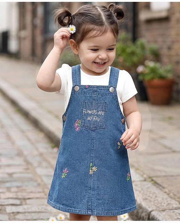 Babyhug 100% Cotton Woven Half Sleeves Floral Embroidered Frock With Inner Tee - Blue