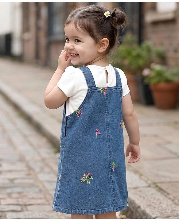 Babyhug 100% Cotton Woven Half Sleeves Floral Embroidered Frock With Inner Tee - Blue