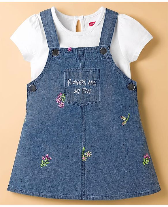 Babyhug 100% Cotton Woven Half Sleeves Floral Embroidered Frock With Inner Tee - Blue