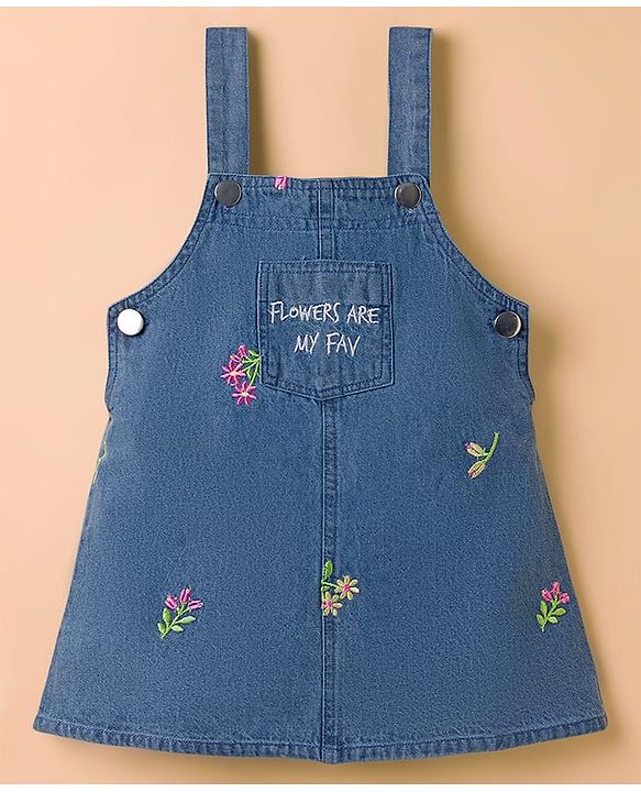 Babyhug 100% Cotton Woven Half Sleeves Floral Embroidered Frock With Inner Tee - Blue