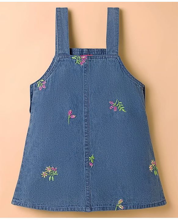 Babyhug 100% Cotton Woven Half Sleeves Floral Embroidered Frock With Inner Tee - Blue