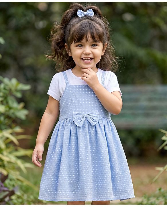 Babyhug Mesh Textured Woven Half Sleeves Polka Dots Printed Frock With Inner Tee & Bow Applique - Light Blue