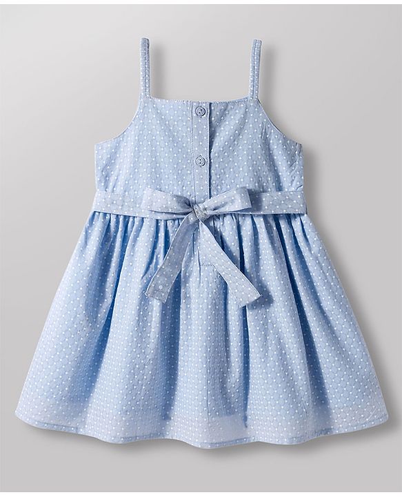 Babyhug Mesh Textured Woven Half Sleeves Polka Dots Printed Frock With Inner Tee & Bow Applique - Light Blue