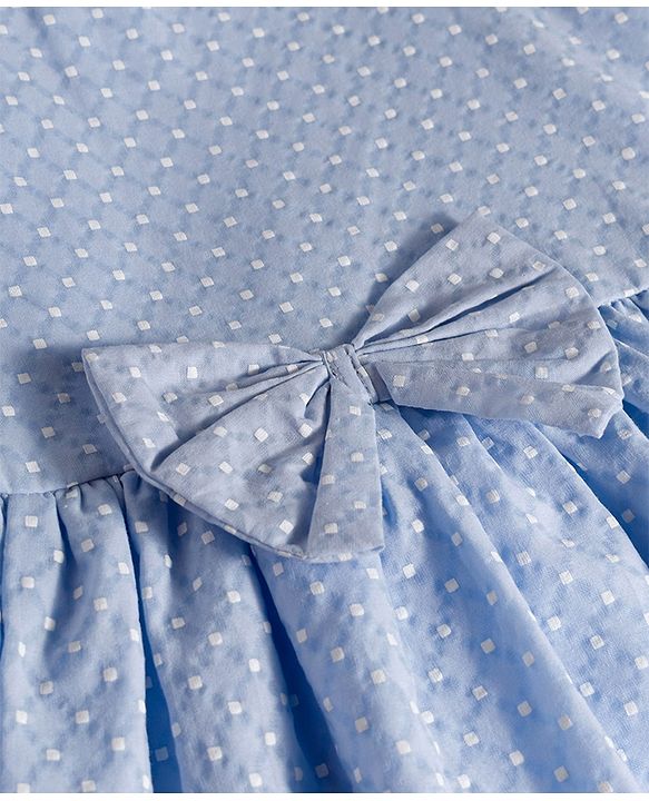 Babyhug Mesh Textured Woven Half Sleeves Polka Dots Printed Frock With Inner Tee & Bow Applique - Light Blue