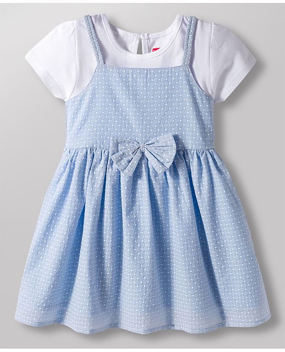 Babyhug Mesh Textured Woven Half Sleeves Polka Dots Printed Frock With Inner Tee & Bow Applique - Light Blue