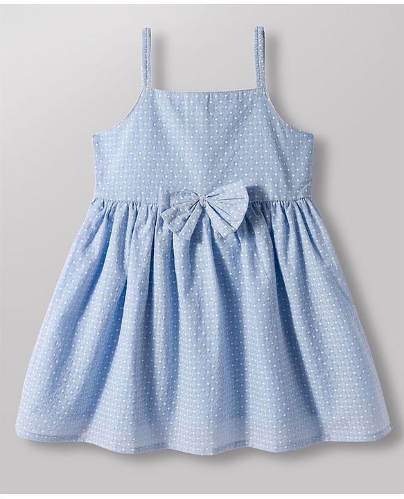 Babyhug Mesh Textured Woven Half Sleeves Polka Dots Printed Frock With Inner Tee & Bow Applique - Light Blue