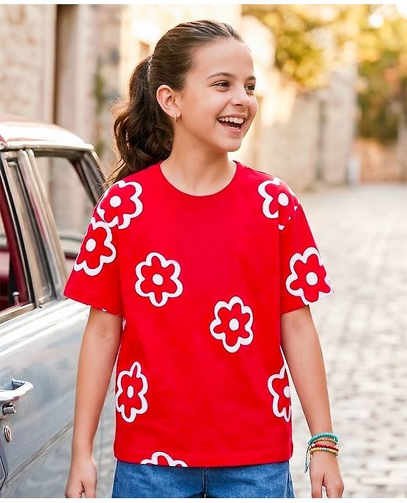 Pine Kids Cotton Knit Half Sleeves T-Shirt With Floral Print - Red