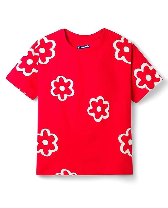 Pine Kids Cotton Knit Half Sleeves T-Shirt With Floral Print - Red