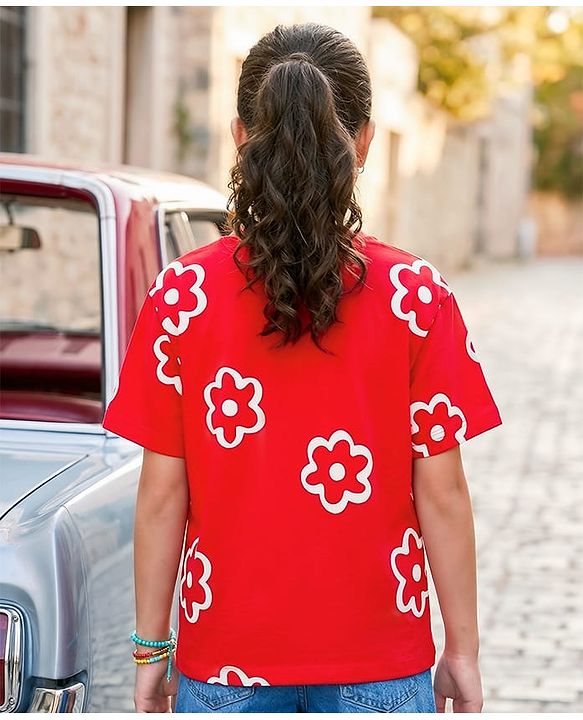 Pine Kids Cotton Knit Half Sleeves T-Shirt With Floral Print - Red
