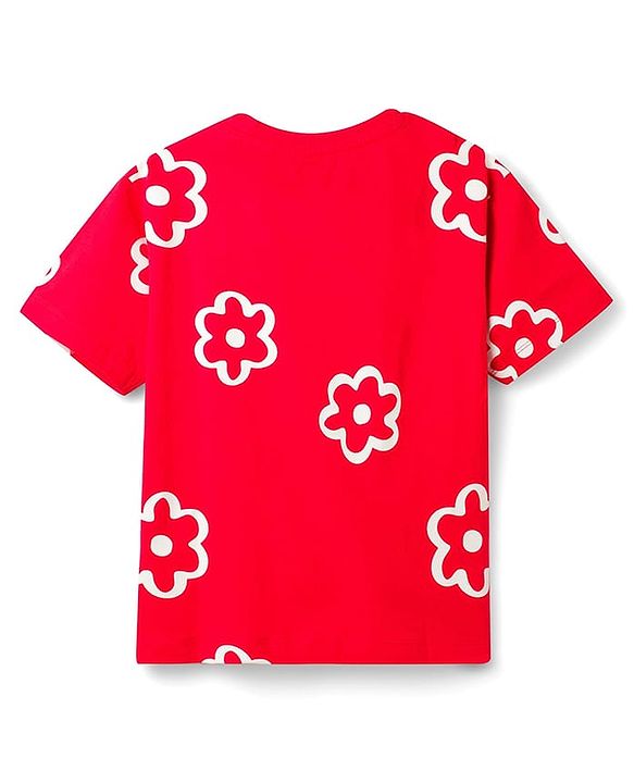 Pine Kids Cotton Knit Half Sleeves T-Shirt With Floral Print - Red