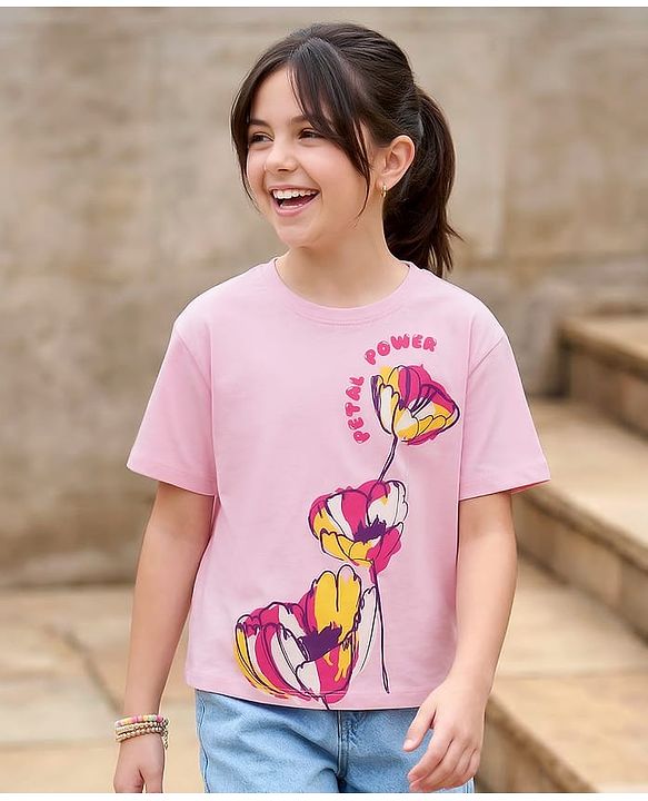Pine Kids Cotton Knit Drop Shoulder Half Sleeves T-Shirt with Floral Print - Pink