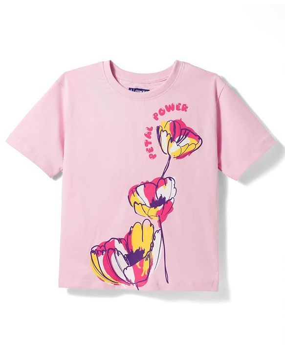 Pine Kids Cotton Knit Drop Shoulder Half Sleeves T-Shirt with Floral Print - Pink