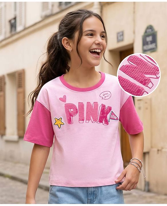 Pine Kids Cotton Knit Drop Shoulder Sleeves T-Shirts With Text Print & Sequin Detailing - Pink
