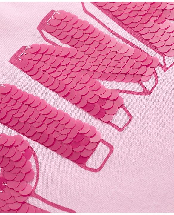 Pine Kids Cotton Knit Drop Shoulder Sleeves T-Shirts With Text Print & Sequin Detailing - Pink