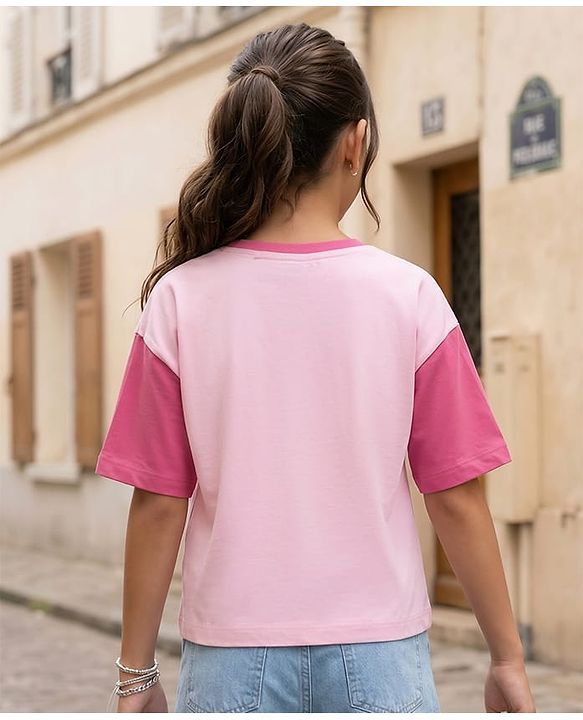Pine Kids Cotton Knit Drop Shoulder Sleeves T-Shirts With Text Print & Sequin Detailing - Pink