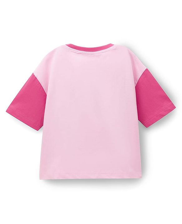Pine Kids Cotton Knit Drop Shoulder Sleeves T-Shirts With Text Print & Sequin Detailing - Pink