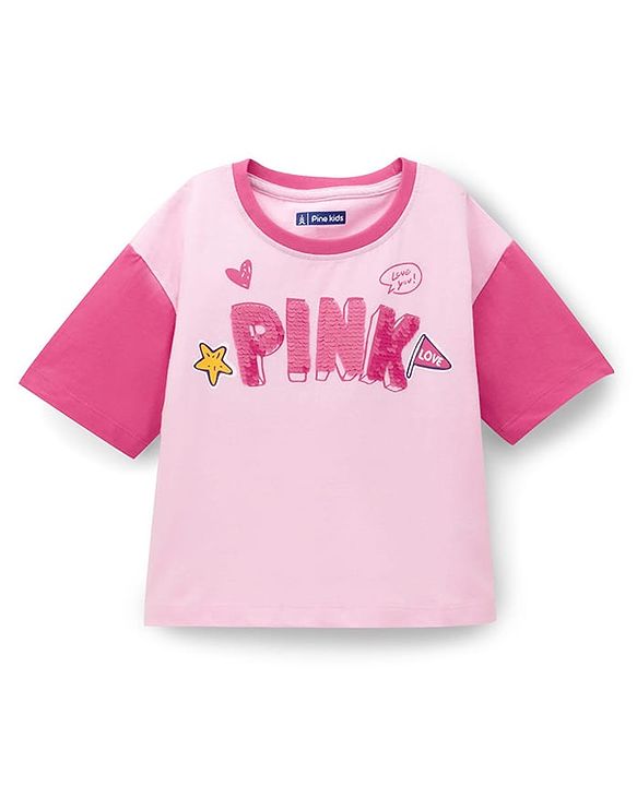 Pine Kids Cotton Knit Drop Shoulder Sleeves T-Shirts With Text Print & Sequin Detailing - Pink