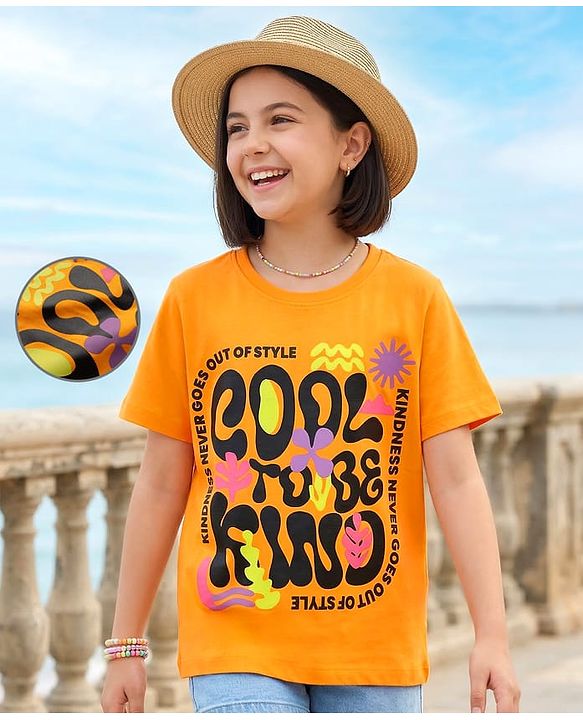Pine Kids 100% Cotton Knit Half Sleeves Text Printed T-Shirt - Orange