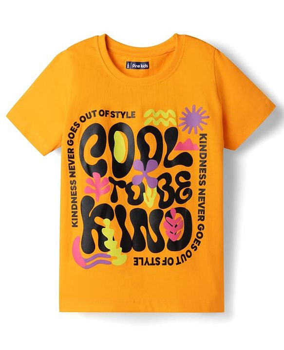 Pine Kids 100% Cotton Knit Half Sleeves Text Printed T-Shirt - Orange