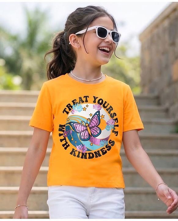 Pine Kids 100% Cotton Knit Half Sleeves Butterfly Printed T-Shirt - Orange