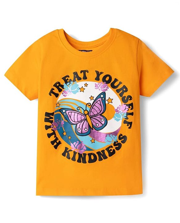 Pine Kids 100% Cotton Knit Half Sleeves Butterfly Printed T-Shirt - Orange