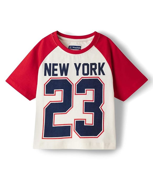 Pine Kids Cotton Knit Half Raglan Sleeves T-Shirt with New York Print - White