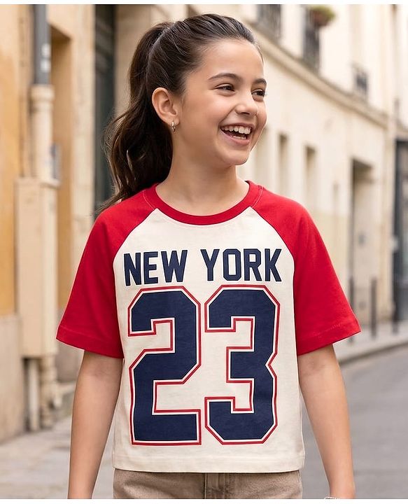 Pine Kids Cotton Knit Half Raglan Sleeves T-Shirt with New York Print - White