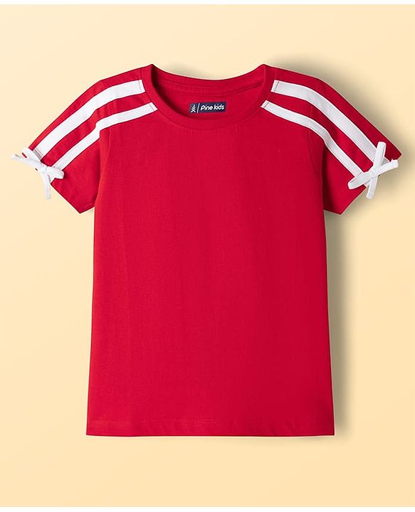 Pine Kids Cotton Knit Half Sleeves Striped T-Shirt With Bow Applique - Red
