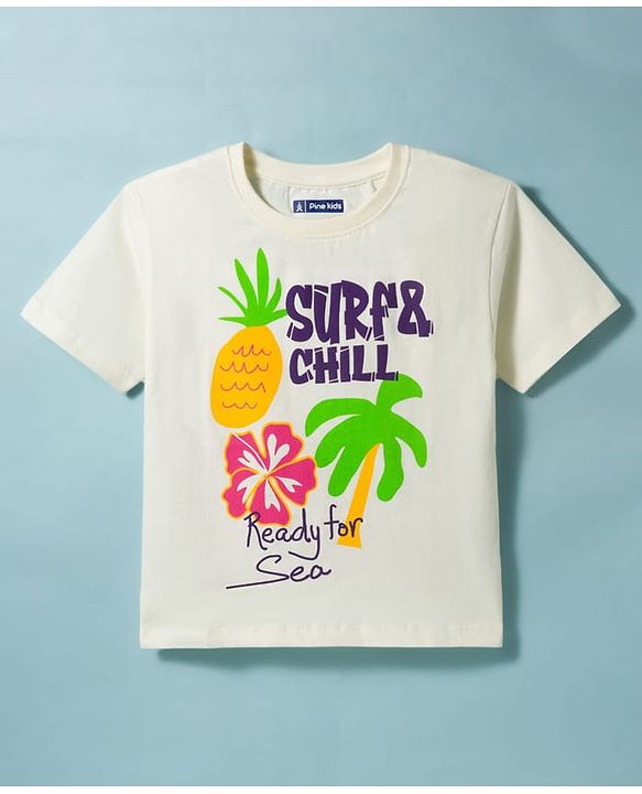 Pine Kids Cotton Knit Half Sleeves T-Shirt with Surfing Print - White