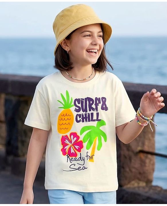 Pine Kids Cotton Knit Half Sleeves T-Shirt with Surfing Print - White