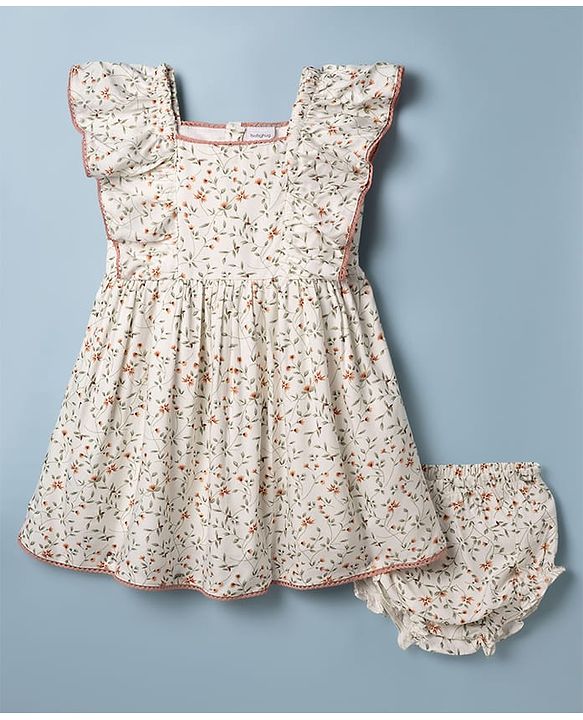 Babyhug Cotton Woven Flutter Sleeves Floral Printed Frock With Bloomer - OffWhite