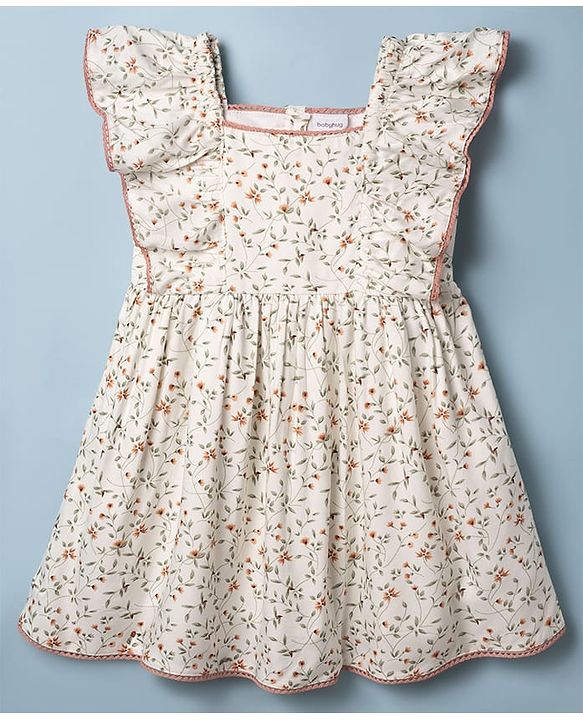 Babyhug Cotton Woven Flutter Sleeves Floral Printed Frock With Bloomer - OffWhite