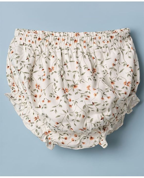 Babyhug Cotton Woven Flutter Sleeves Floral Printed Frock With Bloomer - OffWhite
