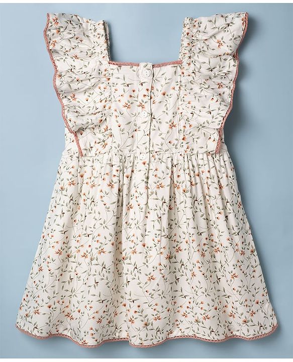 Babyhug Cotton Woven Flutter Sleeves Floral Printed Frock With Bloomer - OffWhite