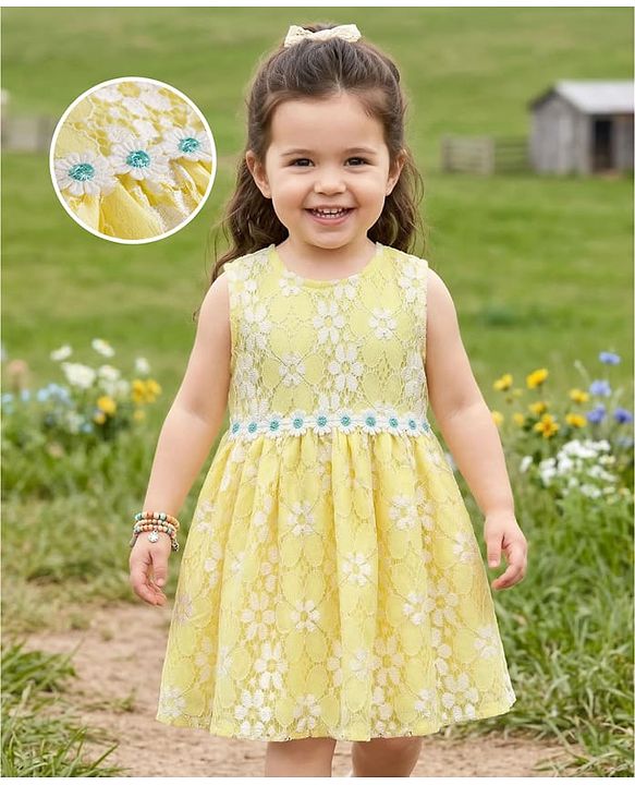 Babyhug Cotton Woven Sleeveless Floral Embroidered Frock with Lace Detailing - Yellow