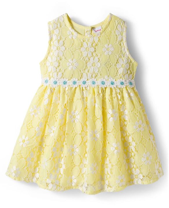 Babyhug Cotton Woven Sleeveless Floral Embroidered Frock with Lace Detailing - Yellow