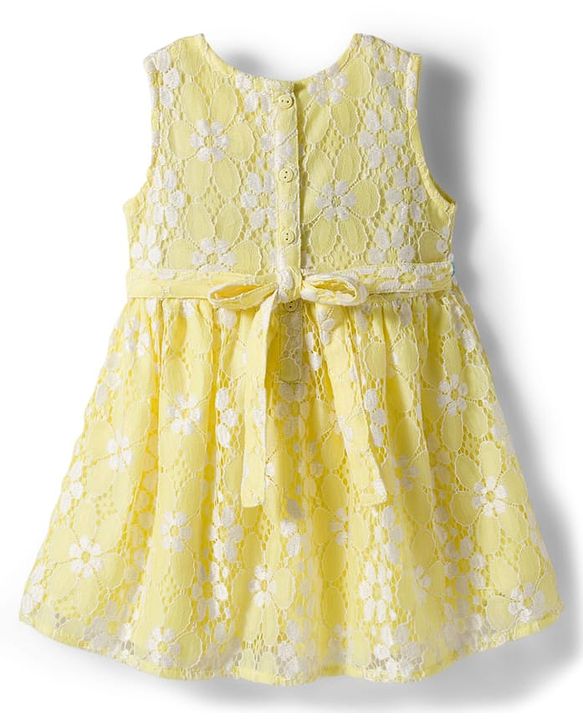 Babyhug Cotton Woven Sleeveless Floral Embroidered Frock with Lace Detailing - Yellow