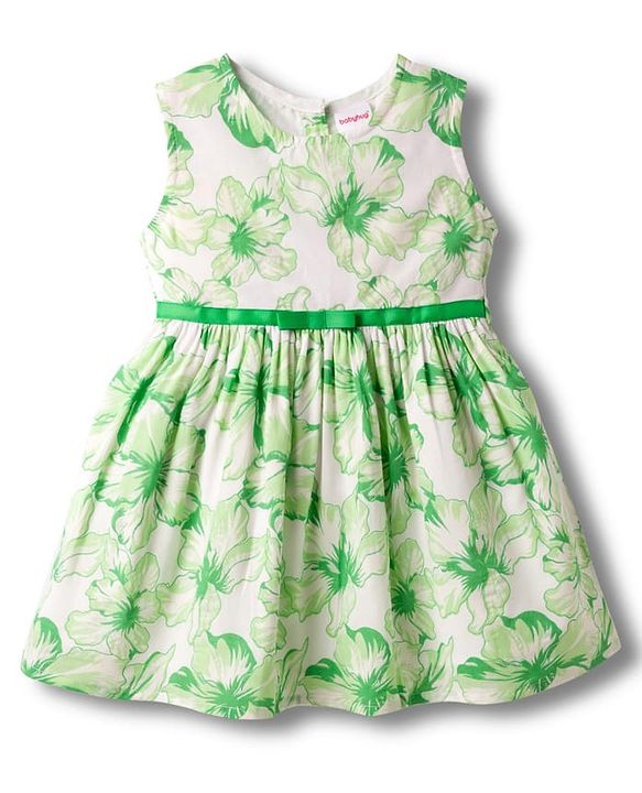 Babyhug Poplin Woven Sleeveless Floral Printed Frock with Bow Applique - White