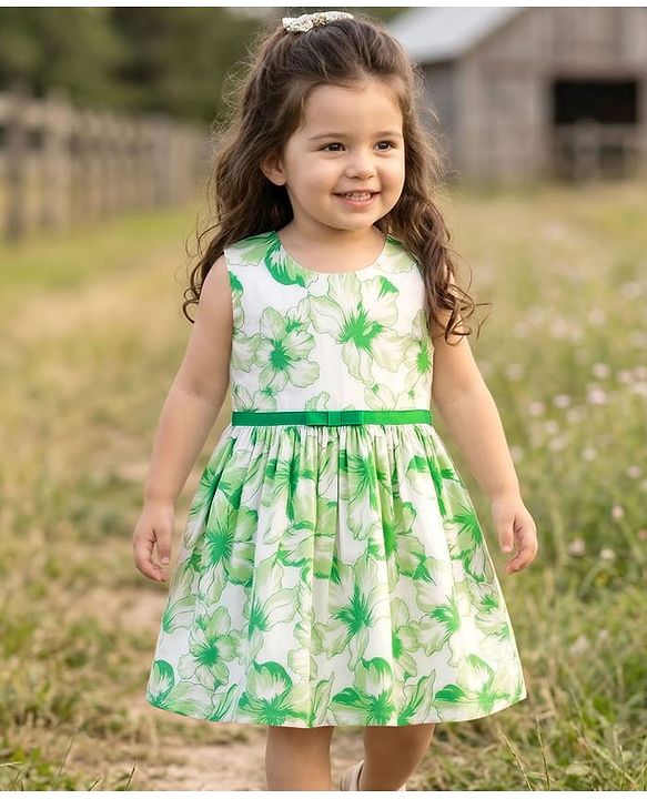 Babyhug Poplin Woven Sleeveless Floral Printed Frock with Bow Applique - White