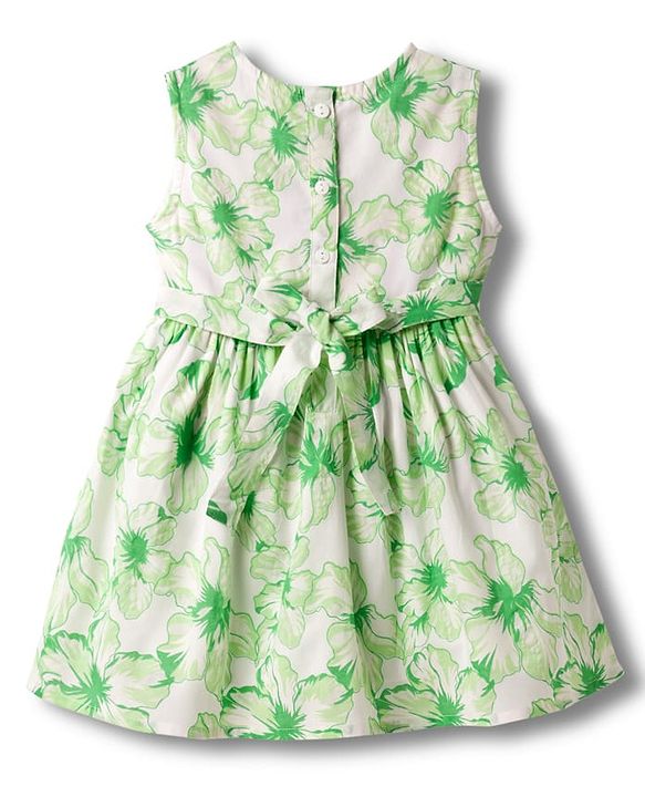 Babyhug Poplin Woven Sleeveless Floral Printed Frock with Bow Applique - White