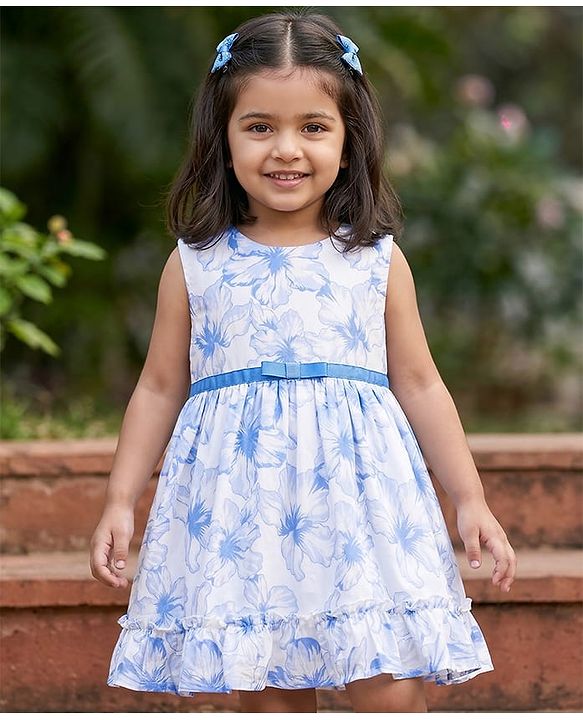 Babyhug 100% Cotton Woven Sleeveless Floral Printed Frock - White