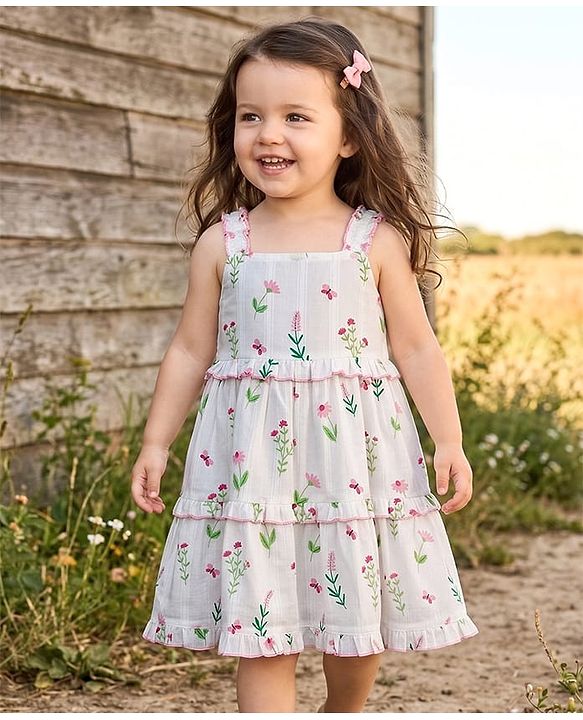 Babyhug Poplin Woven Sleeveless Frock With Floral Print - White