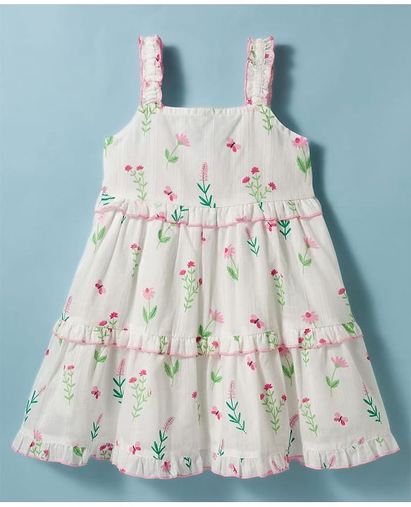 Babyhug Poplin Woven Sleeveless Frock With Floral Print - White