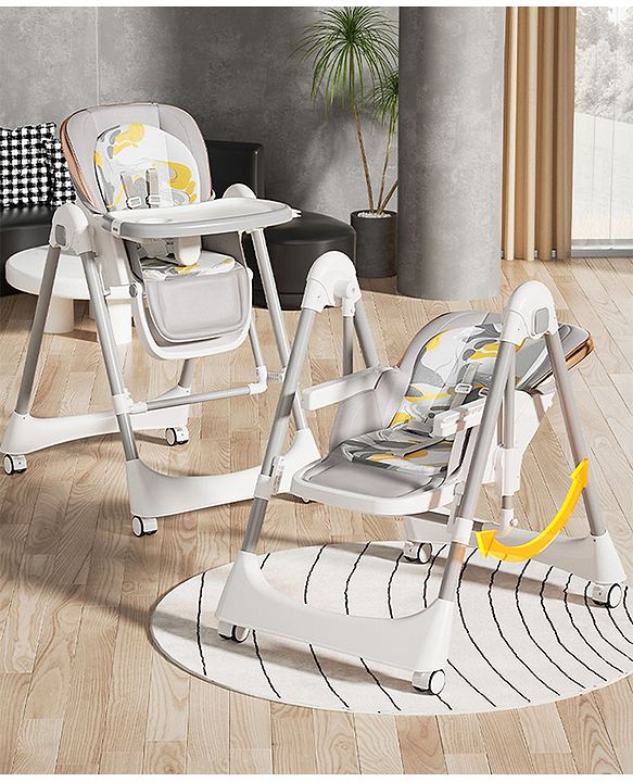 Babyhug Giggle Glide High Chair & Swing - Beige| 3-in-1 Convertible Design| Adjustable Height & Recline| Dual Food Tray| 5-Point Safety Harness| Foldable & Portable| 6 Months to 5 Years