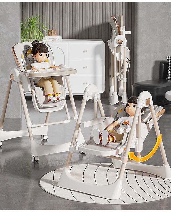 Babyhug Giggle Glide High Chair & Swing - Beige| 3-in-1 Convertible Design| Adjustable Height & Recline| Dual Food Tray| 5-Point Safety Harness| Foldable & Portable| 6 Months to 5 Years